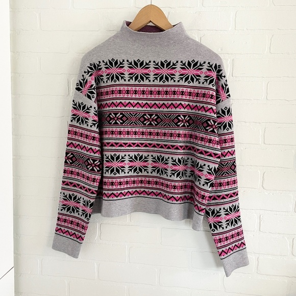 Revolve x Joie Knit Sweater Fair Isle Designer Gray Pink Black High mock neck L - Picture 1 of 10